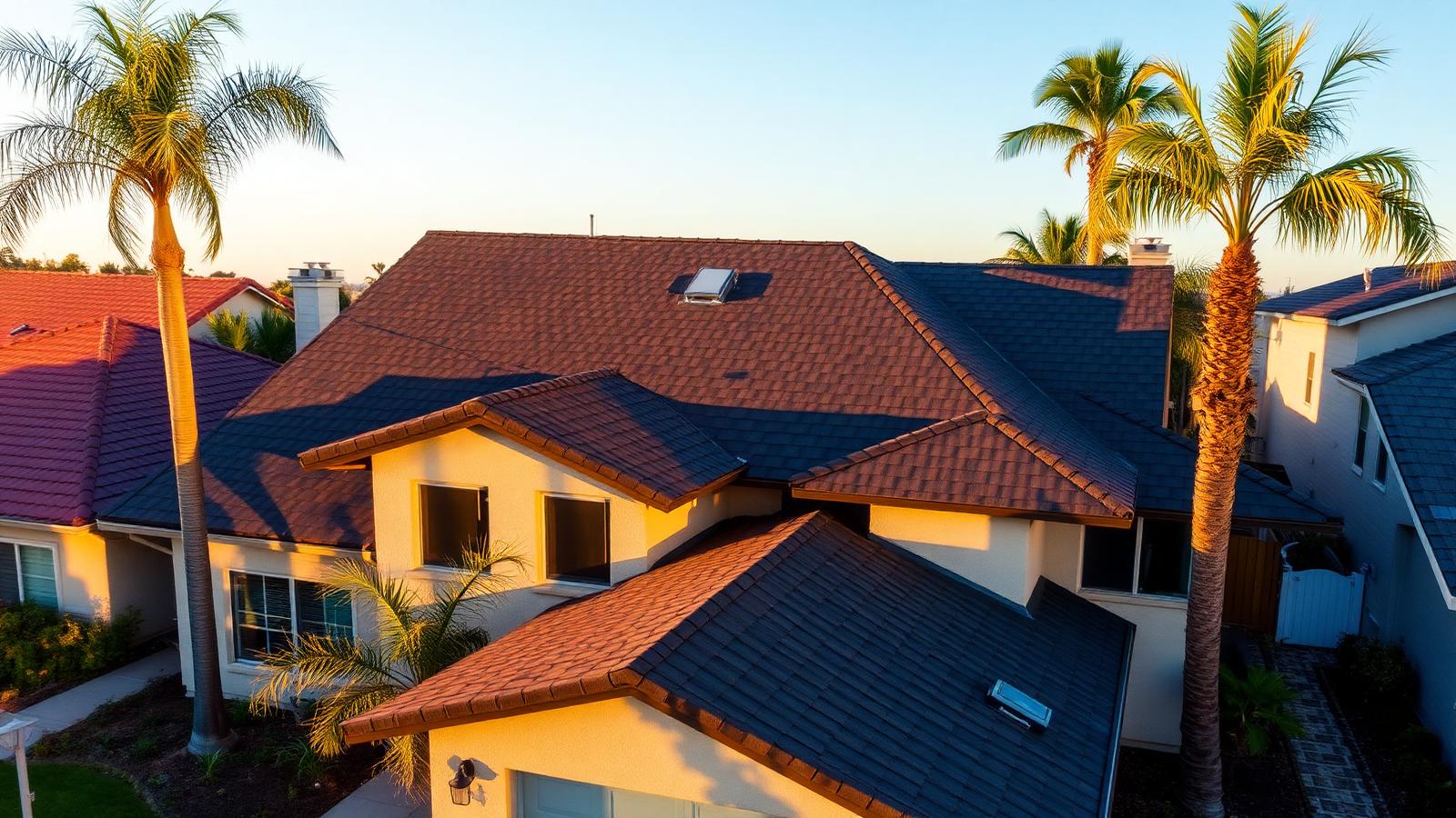 Newly installed roof on a California home at golden hour